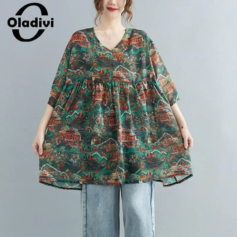 

Oladivi Fashion Print Women Casual Loose Blouses 2023 Summer New Short Sleeve Oversized Shirts Ladies Big Top Tunics Blusas 1768