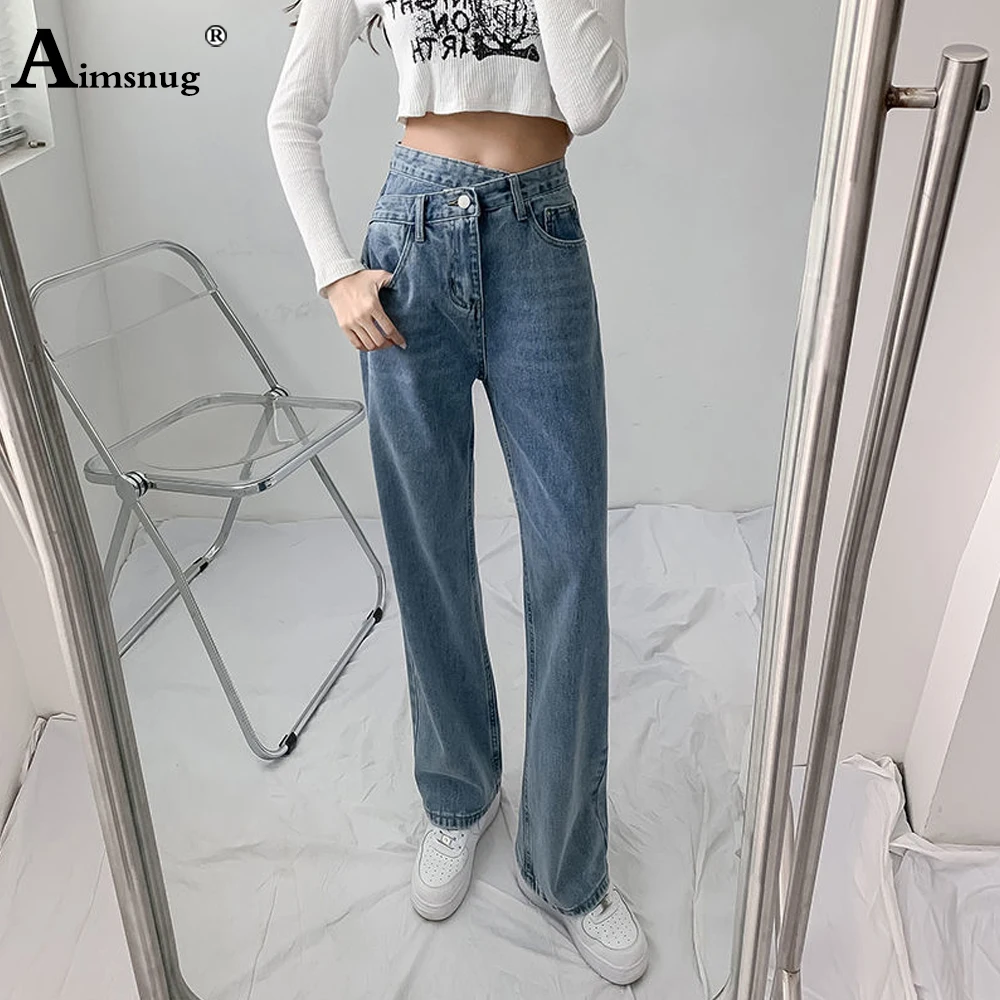 Women Irregular Jeans Demin Pant 2022 Kpop Style Pocket Design Jean Bottom Casual Straight Leg Trouser Female Ankle-Length Pants