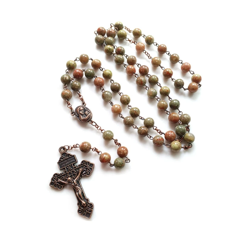 

QIGO Green Stone Beads Catholic Rosary Neckalce For Men Women Long Cross Pendant Religious Prayer Jewelry