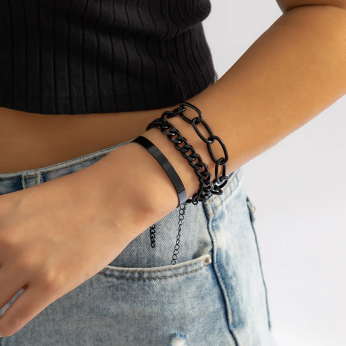 

New Fashion Gothic Black Plating Chains Bracelets Set For Women Men Charm Bangles Female Wrist Chain Bracelets Punk Jewelry
