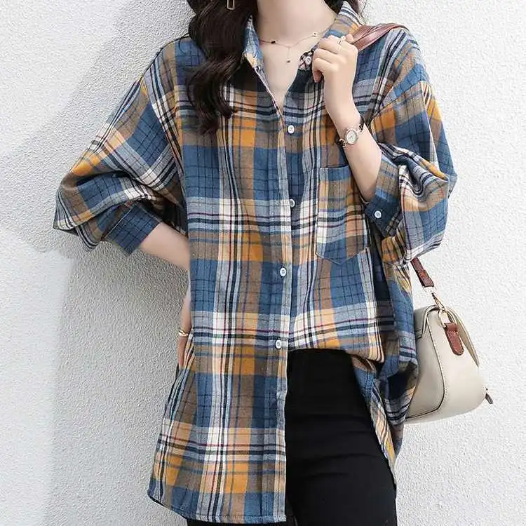 

Korean Style Plaid Classic Loose Shirts Medium Long Blouse Women Daily All-match Women Clothing Fashion Cotton Jacket Coat A14