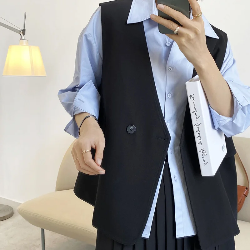 

2021 Spring Women Solid V-neck Suit Vest Sleeveless Suit Jacket Autumn Winter Casual All Match Sweet Elegant Female Coat Khaki