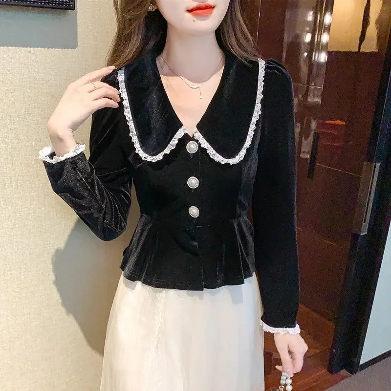 Корейский женский бархатный кардиган блузка весенне-осенняя женская рубашка с