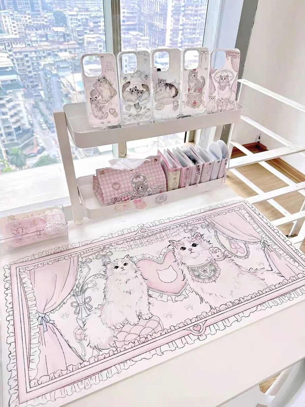 Розовый большой игровой коврик для мыши и компьютерной с милым котом