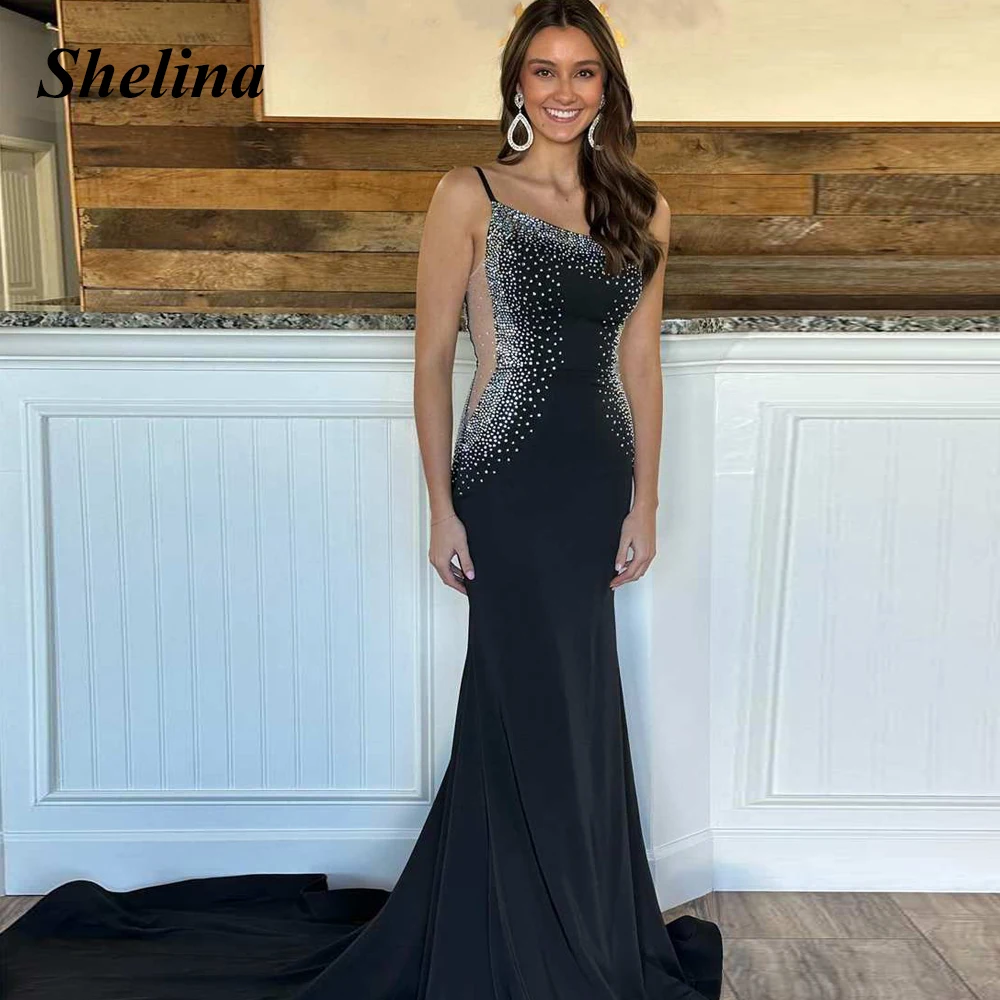 

Shelina Modern Mermaid Evening Dress Crystal Spaghetti Straps Backless Sweep Train Party Dresses Robes De Soirée Customized