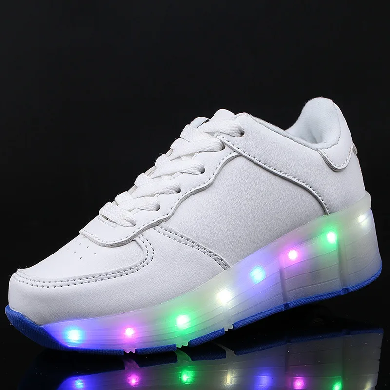 New children's roller skates white boys and girls LED lights sports shoe laces wheel vibrating colorful lights single wheel enlarge