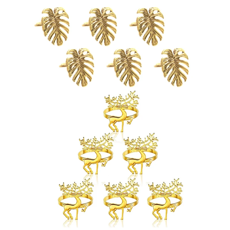

New-6Pcs Gold Leaf Napkin Rings For Wedding Dinner Party With 6Pcs Deer Napkin Rings, For Christmas