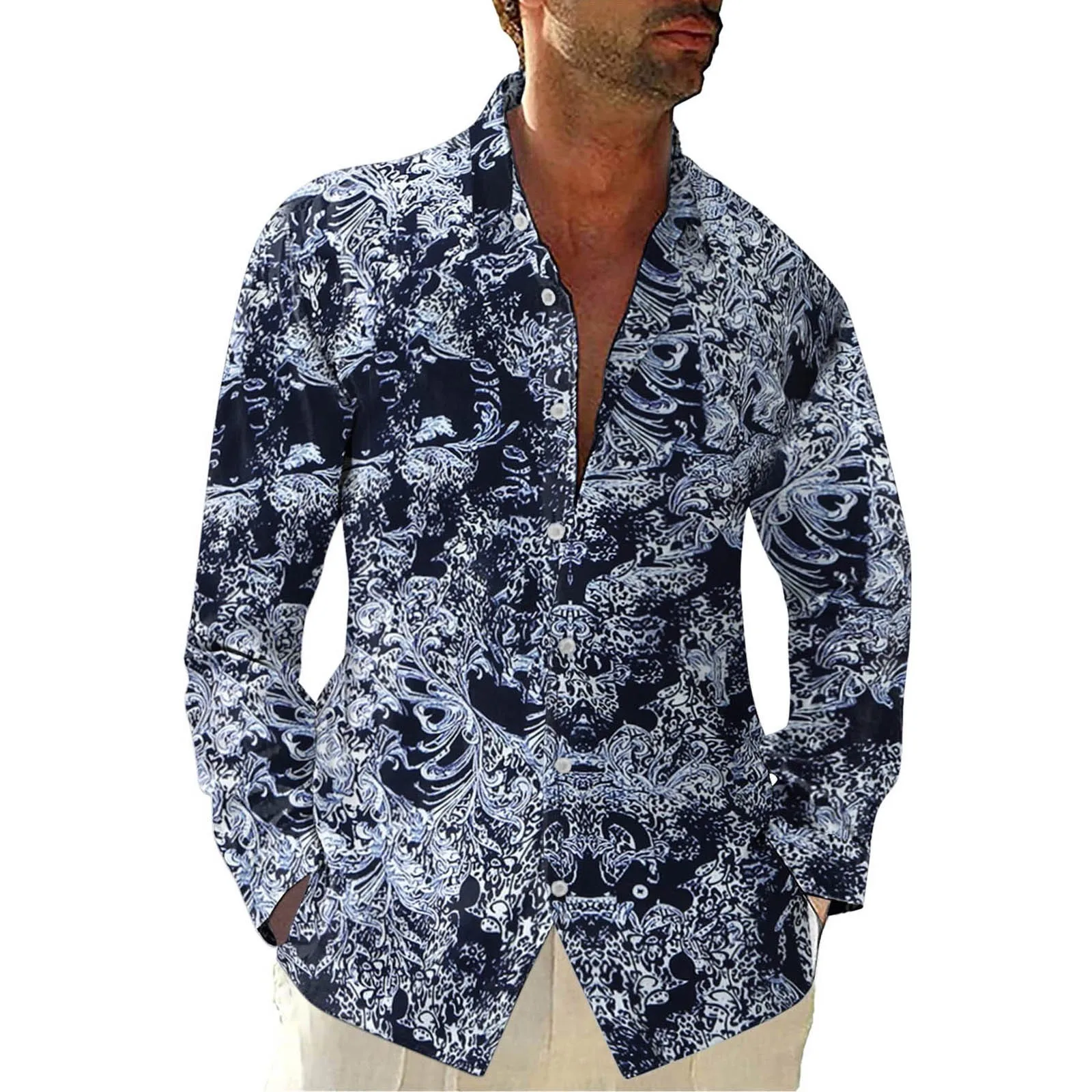 

T Shirt Men Pack Casual Loose Large Shirt Long Lapel Printed Men's SIze Sleeved Men Shirts Thick Cotton T Shirts for Men Long N