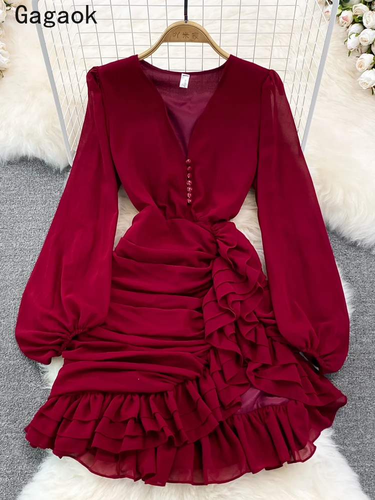 

Gagaok сексуальное новое платье с оборками Vestidos Каскадное весеннее приталенное модное корейское Мини-Платье облегающее с V-образным вырезом о...