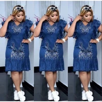 fashion blue denim dress summer sequin african dresses for women short sleeve party ladies traditional african clothing robe