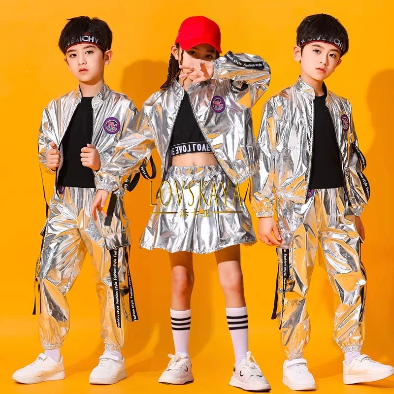 Детский костюм в стиле хип-хоп для девочек серебристая куртка джоггеры штаны