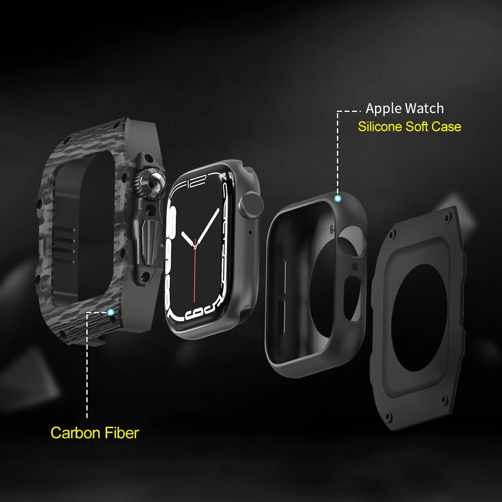 NEW Luxury Carbon Fiber Modification Kit For Apple Watch Case Ultra 49mm For iWatch 8 7 6 5 4 SE 45mm 44mm Fluorine Rubber Band