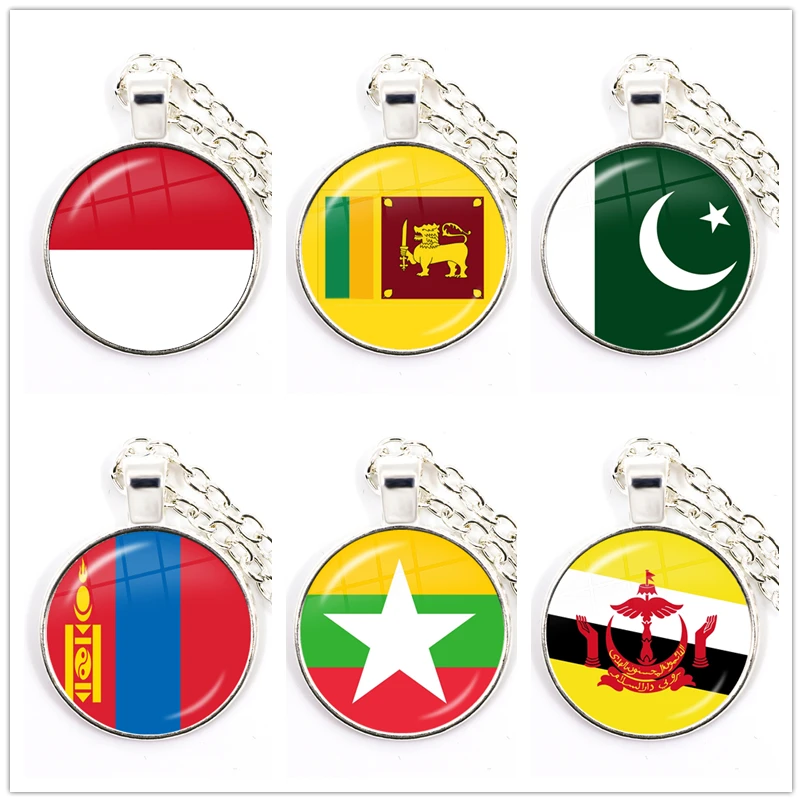 

Pakistan,Brunei,Sri Lanka,Myanmar,Indonesia,Mongolia Nation Flag Pendant Necklace Glass Cabochon Jewelry For Women Girls Gift