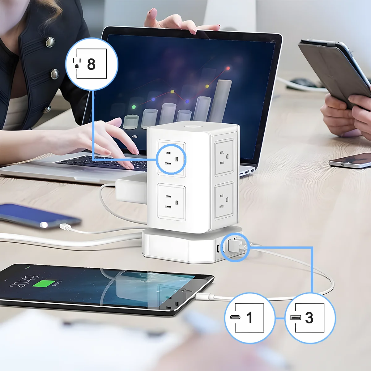 Удлинитель вертикальный 8 розеток 4 порта USB зарядка несколько электрических