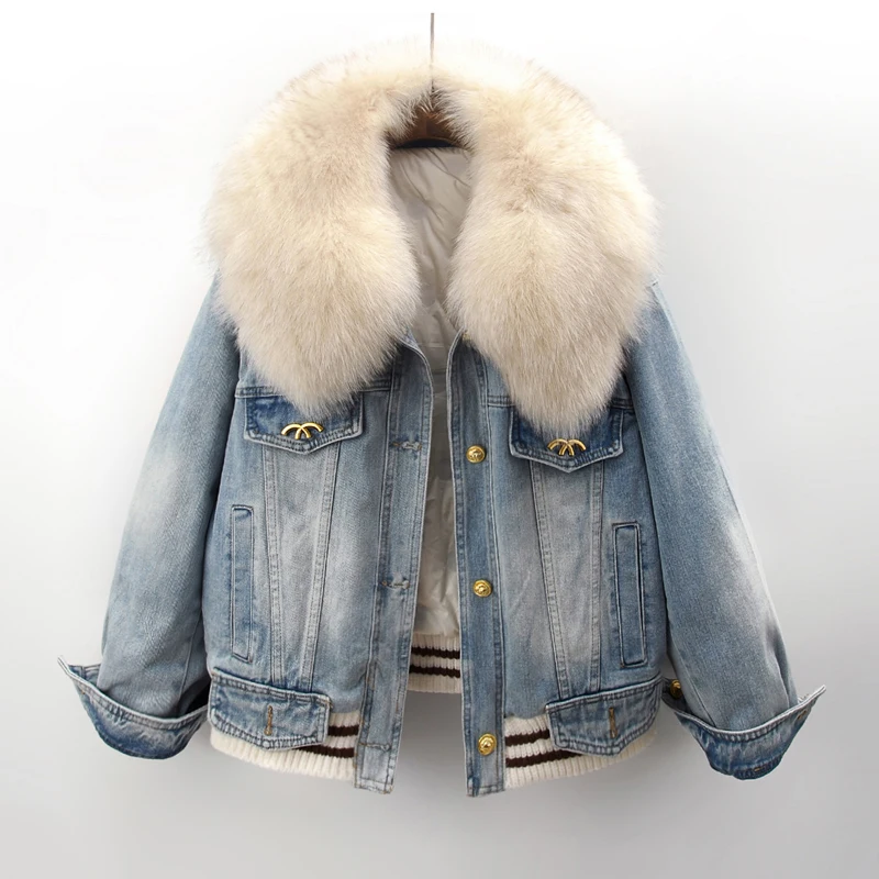 Зимняя хлопковая джинсовая куртка с большим лисьим меховым воротником женская