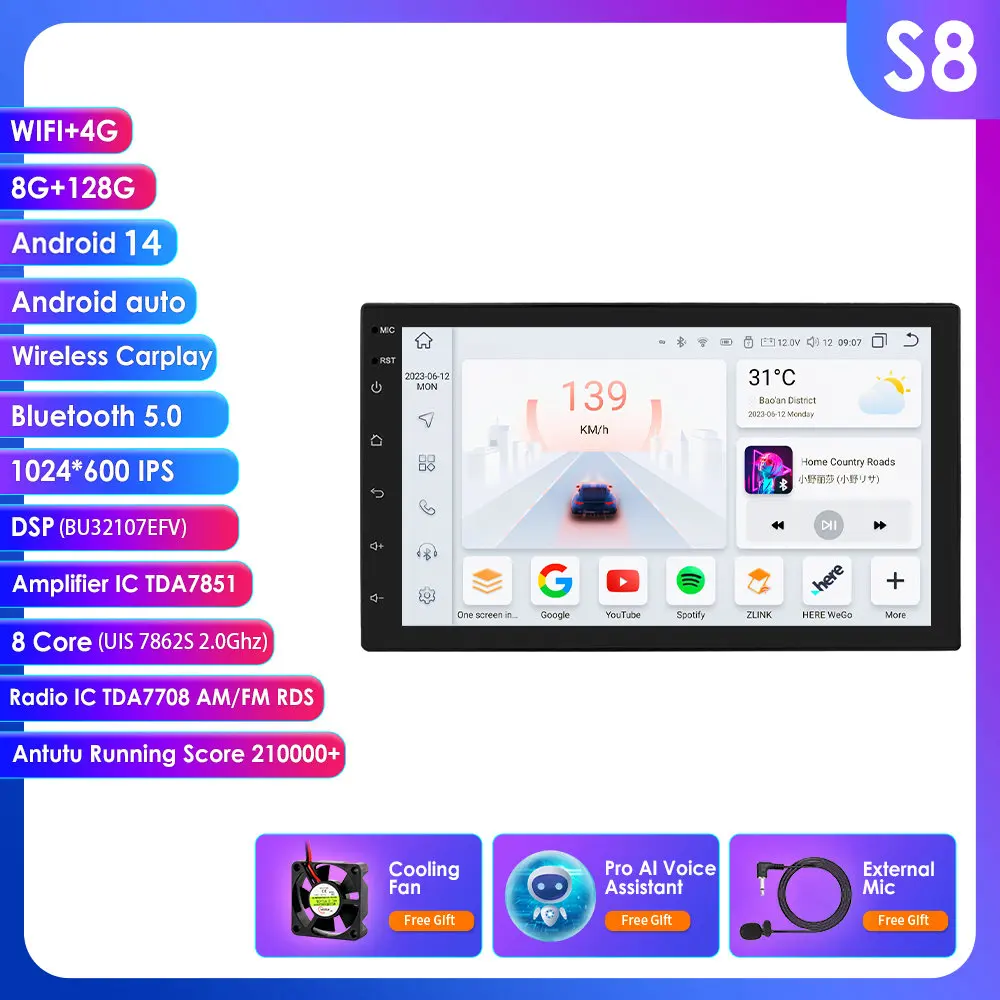 

8G + 128G 7862 7-дюймовый 2din Android авторадио для универсального автомобильного радио Мультимедийный видеоплеер GPS-навигация Головное устройство Carplay 4G RDS