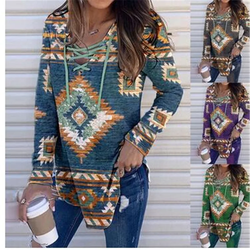 

Womens Ethnic Style Print Lace-up Blouse Casual Long Sleeve Loose T-shirts