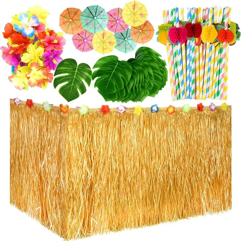 

NEW Hawaiian Party Decorations Tropical Artificial Flowers Grass Table Skirt Flamingo for Tropical Birthday Party Table Supplies