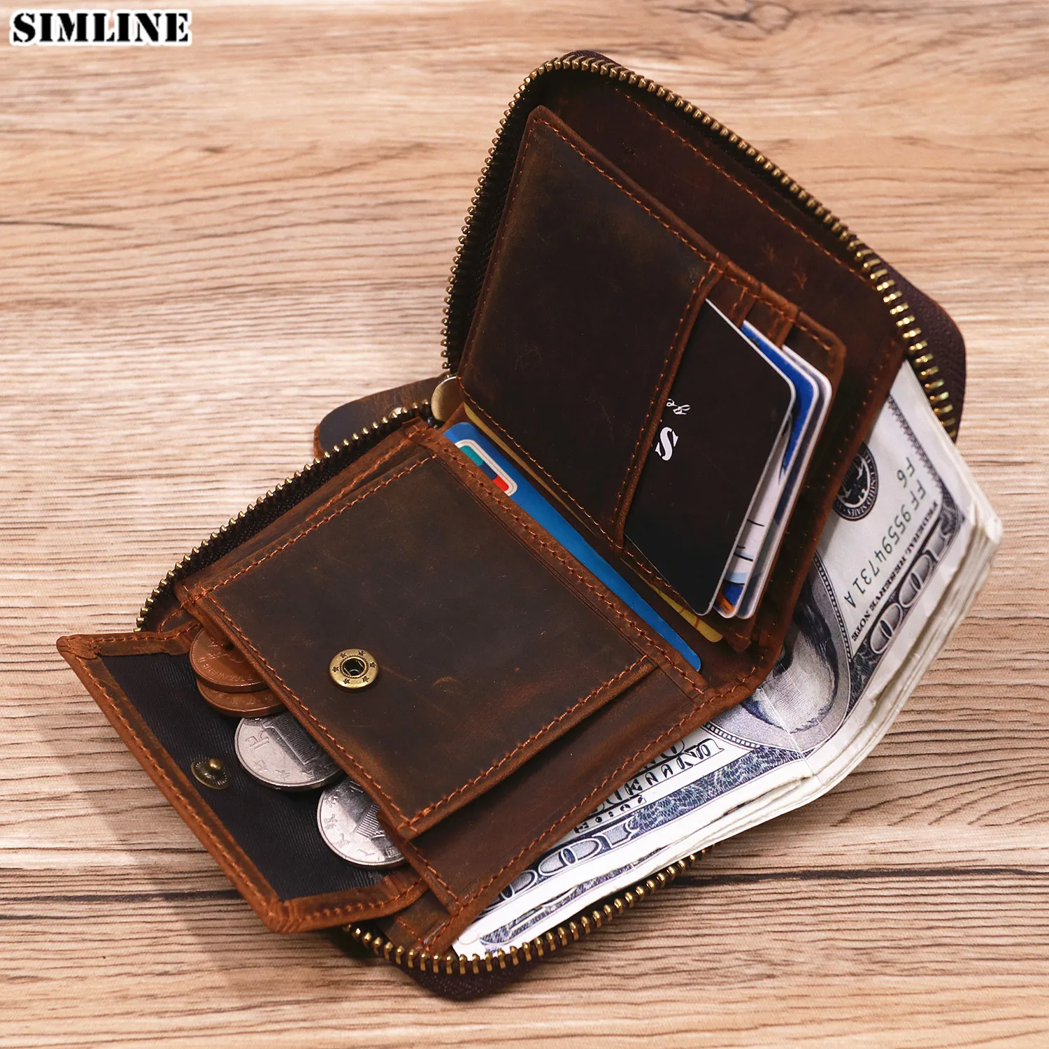 

SIMLINE Genuine Leather Men's Wallet Vintage Cowhide Short Zipper Purse Men Male Multi Card Holder With Coin Pocket Money Bag