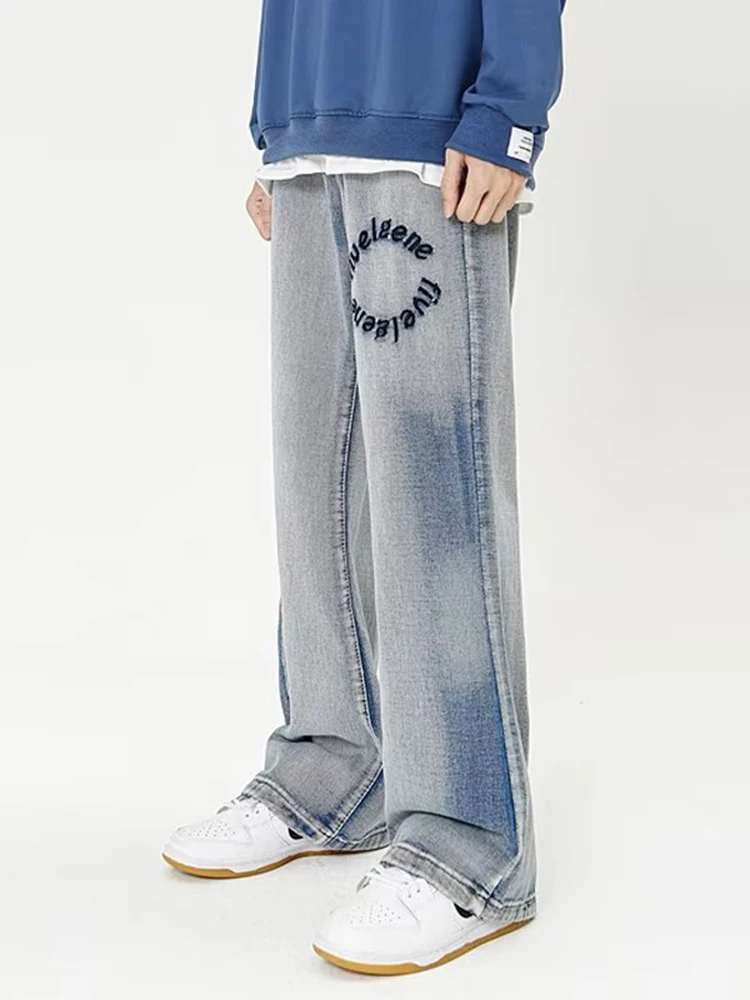 Embroidered Letter Tie Dye Wash Jeans For Men American Fashion Brand Loose Straight Trousers Casual Micro Flared Jeans For Men
