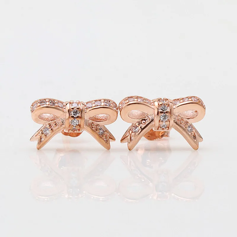 

Authentic 925 Sterling Silver Sparkling Rose Bow With Crystal Stud Earrings For Women Wedding Gift Fashion Jewelry