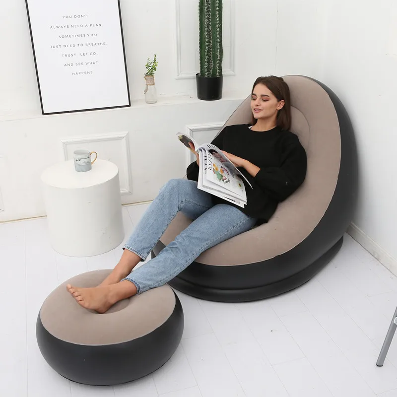 

New Inflatable Sofa Flocking Lazy Sofa Bed with Foot Stool Outdoor Foldable Portable Reclining Chair