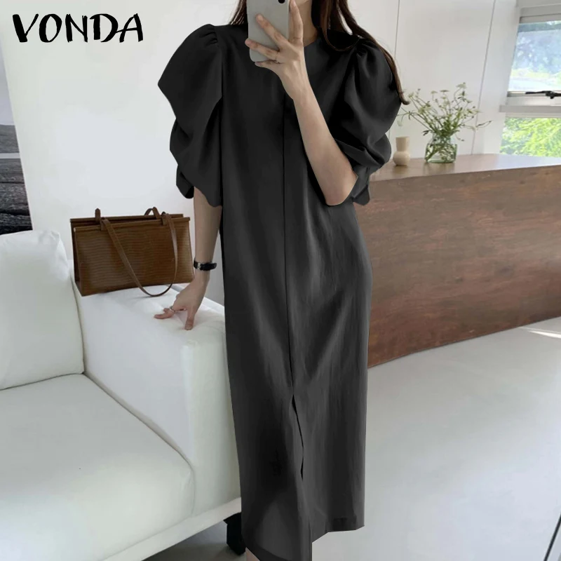 

Летнее однотонное платье VONDA 2022 с круглым вырезом, свободные женские Мешковатые рубашки с круглым вырезом, элегантные халаты