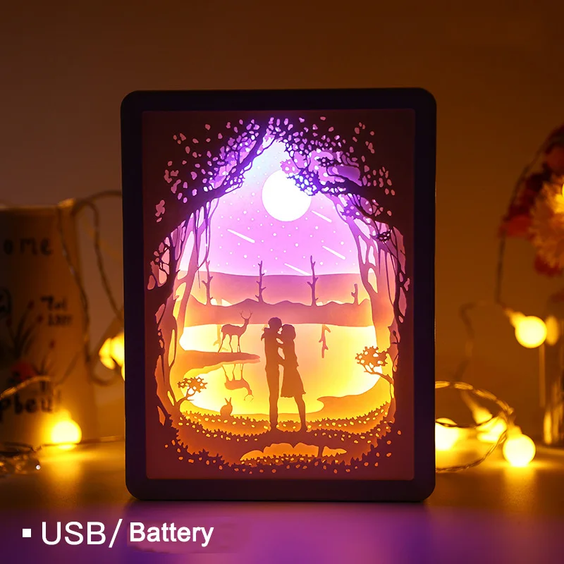 

Light and shadow paper carving lamp 3D paper-cut overlay painting small night lamp Valentine's Day creative birthday gift