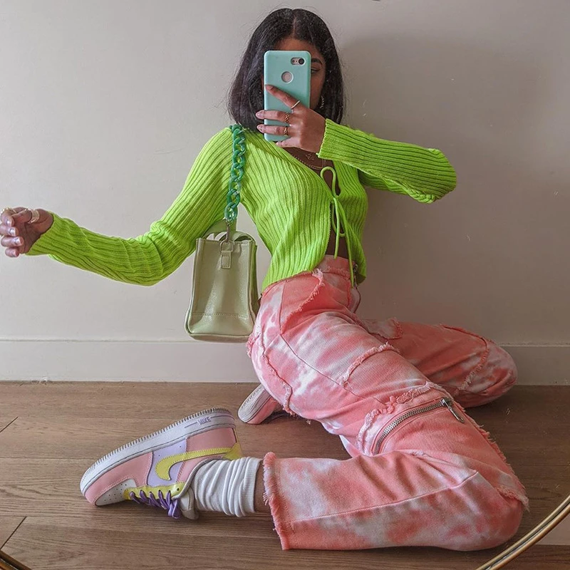 2021 New fashion Hip hop Zipper pants Tie Dye Jeans Women Pocket High Waist Denim Pants Casual Fashion Long Trousers Streetwear