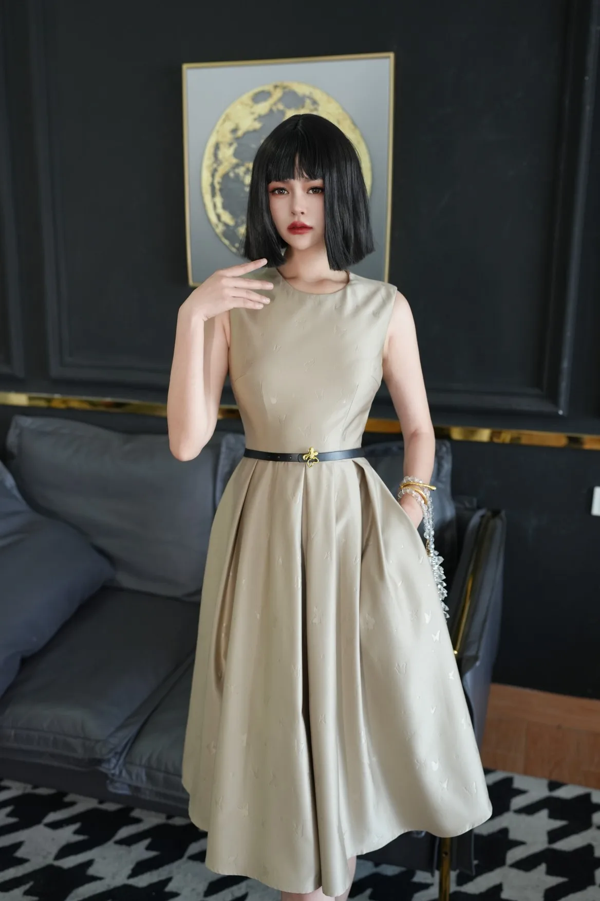 

2023 spring and summer women's clothing fashion new Belt Printed Dress 0511