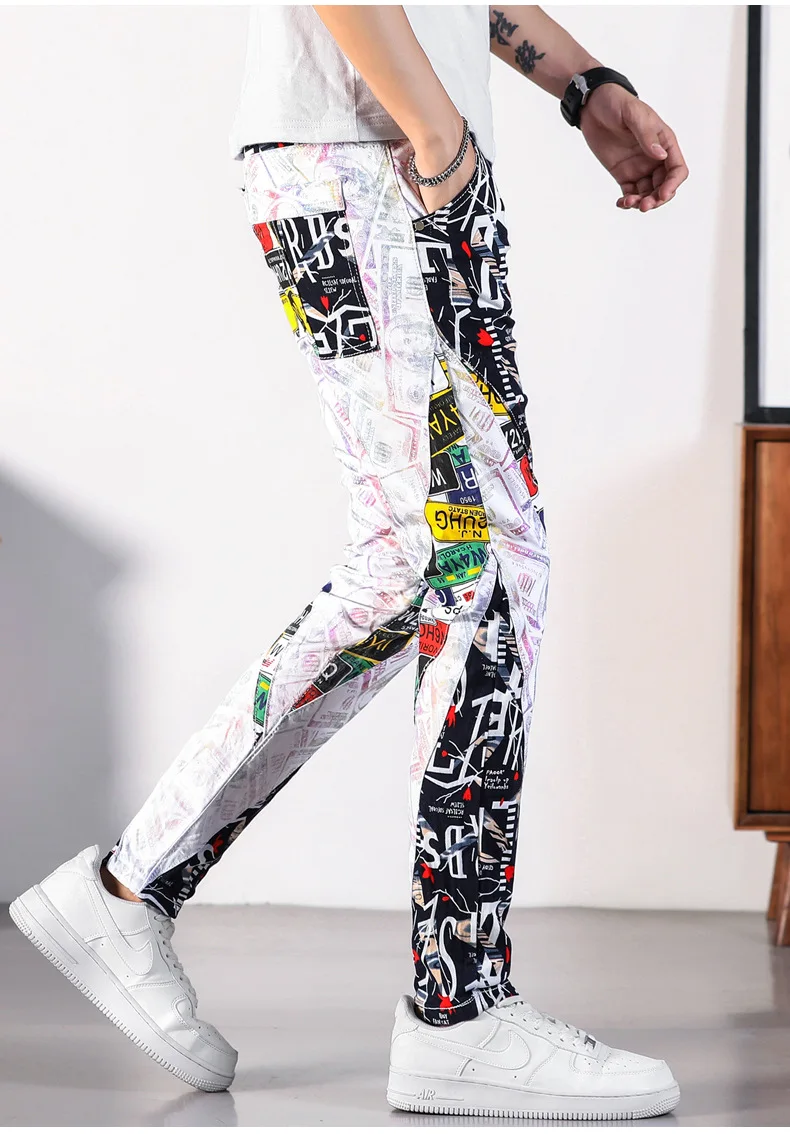 2023 New Men's Personalized Printing Fashion Brand Jeans Men's Slim Fit Panels Elastic Graffiti Fashion Cotton Pants