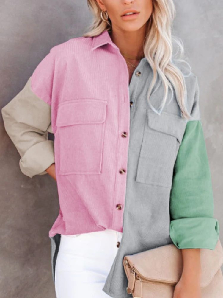 Женская Вельветовая рубашка на пуговицах свободная в контрастную клетку