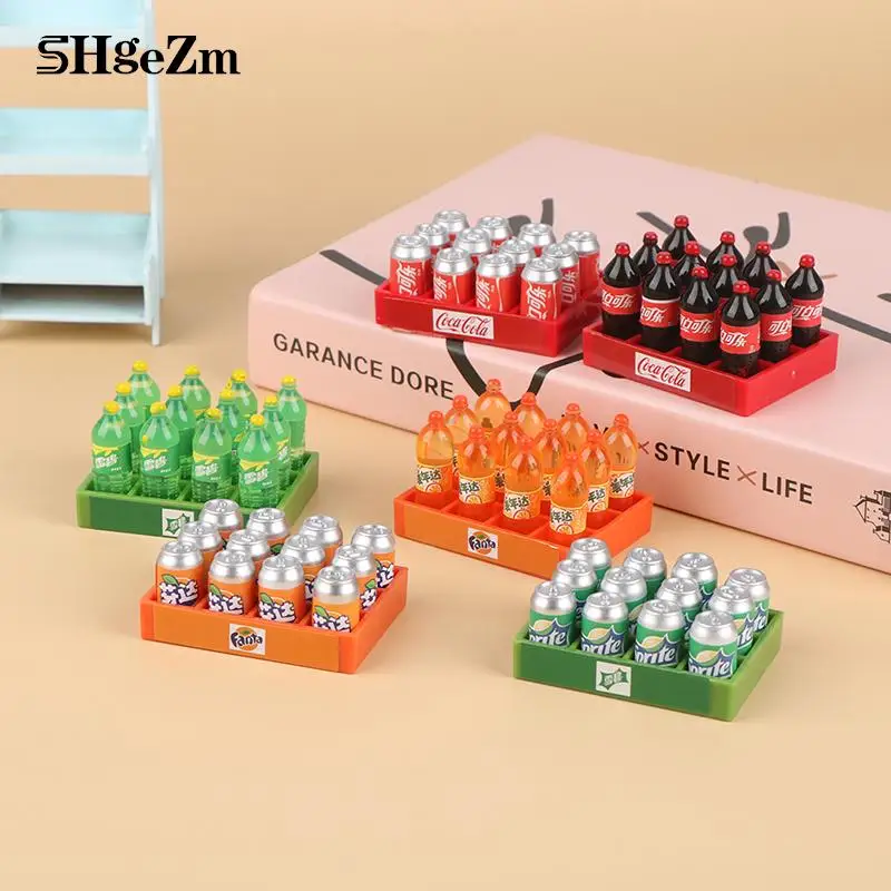 

12Pcs/set 1:12 Dollhouse Miniature Food Mini Cola Soda Sprite Bottles With Bucket Drinks Modle Kitchen Doll House Accessories