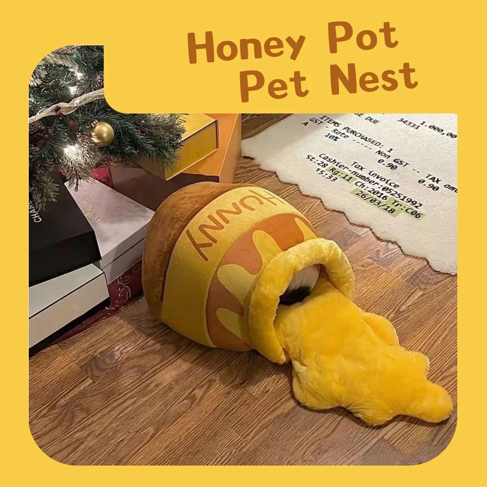 cute honey pot cat bed honey jar shape house plush cartoon warm pet bed cat basket mat soft pet nest for small cats dog free global shipping