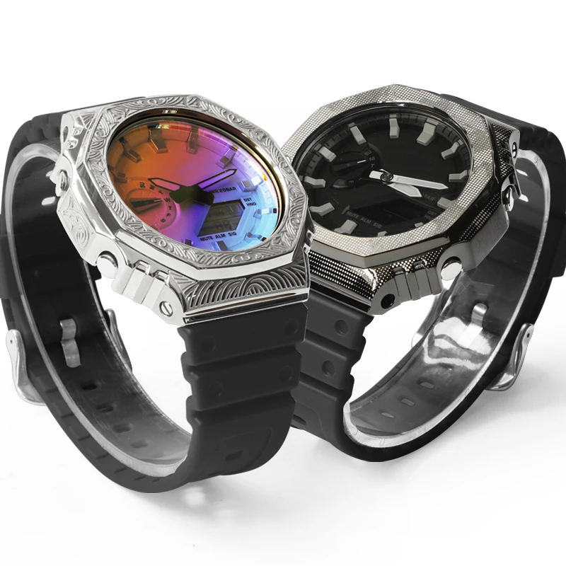 Carved Pattern GA2100 GA2110 Refit Mod Kit For Casioak Watch Metal Case Bezel Rubber Strap Band With Modification Tools
