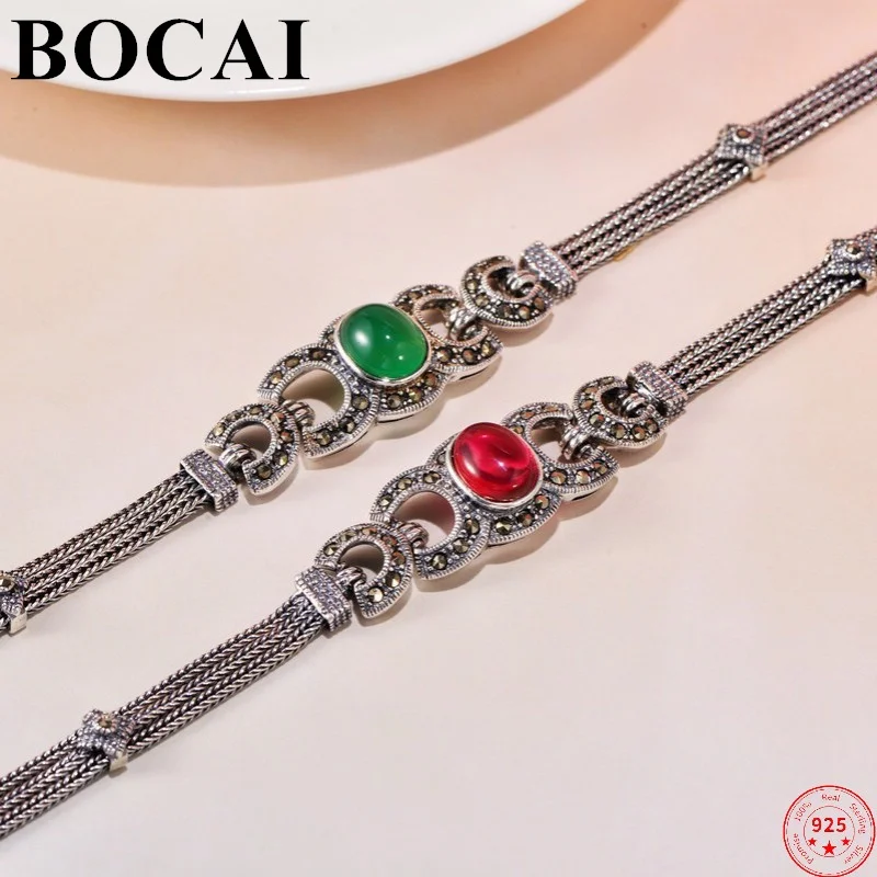 

BOCAI S925 Sterling Silver Bracelet Palace Red Corundum Green Agate Thai Silver Hand Chain Pure Argentum Gemstone Women's Bangle
