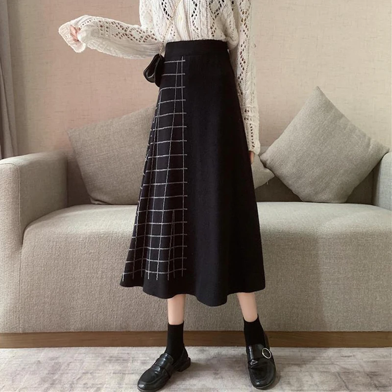 

Fashion Plaid Long Skirt for Women Korean High Waist Thick Knitted Skirts Ladies Winter Elegant A-Line Mid-Calf Skirts