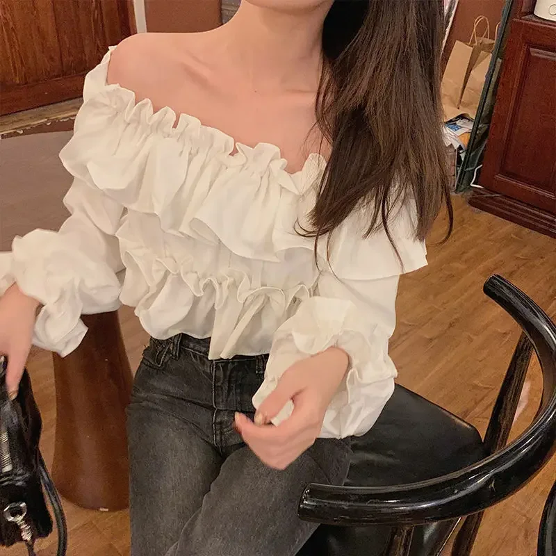 Блузки с разрезом на шее женские винтажные темпераментные летние тонкие оборки