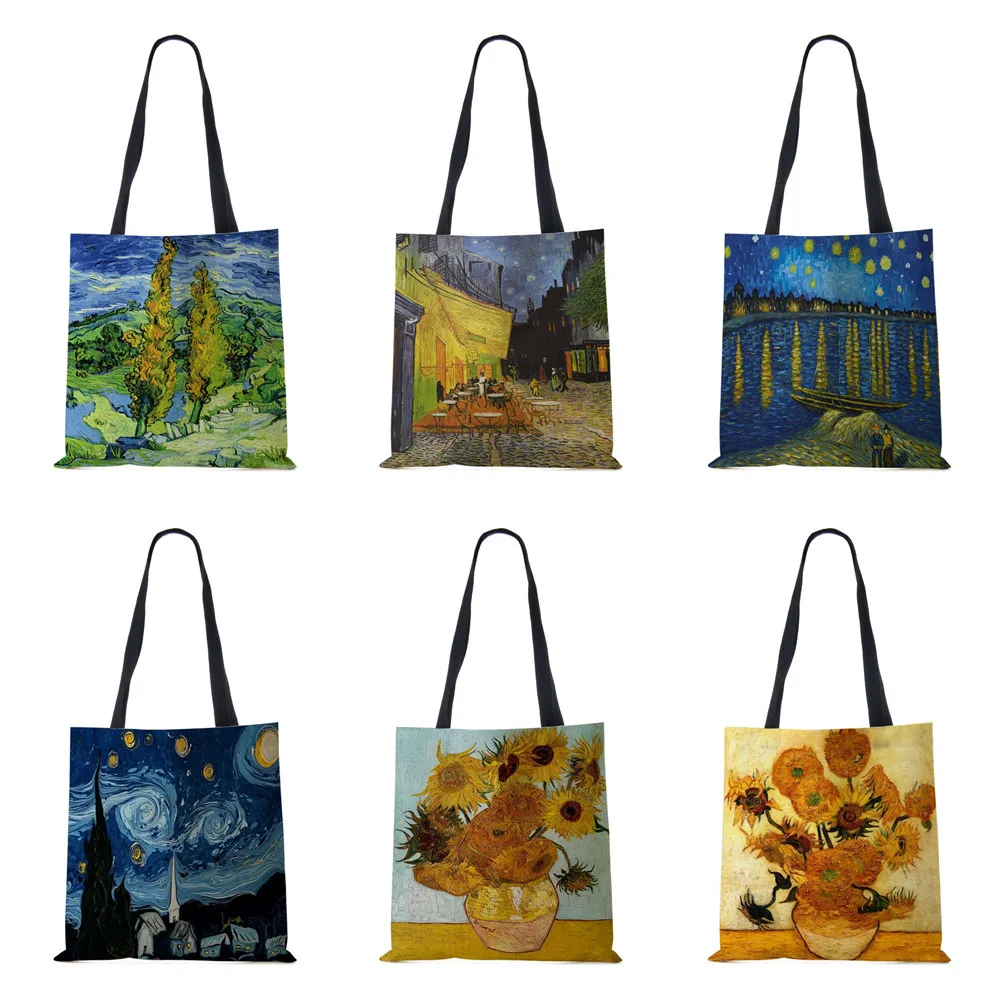 

Women Shoulder Bag Shopper Travel Canvas Casual Handbag Eco Reused Oil Painting Landscape Flowers Large Capacity Tote Books Bag