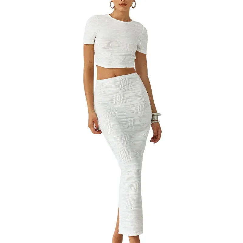 

Женский комплект из двух предметов, однотонный Текстурированный Топ с коротким рукавом и круглым вырезом и длинная юбка с разрезом, уличная...