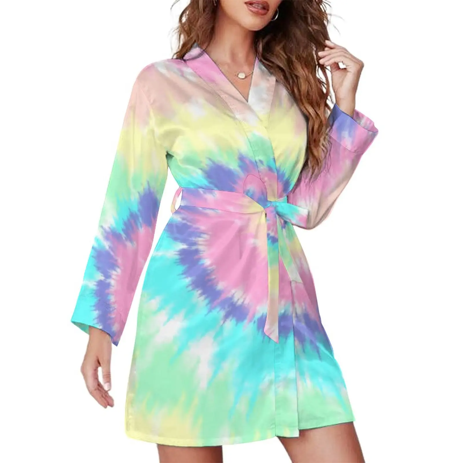 

Пижама с принтом Tie Dye, одежда для сна с V-образным вырезом и пастельным радужным принтом, женские модные пижамные халаты с длинным рукавом, ве...