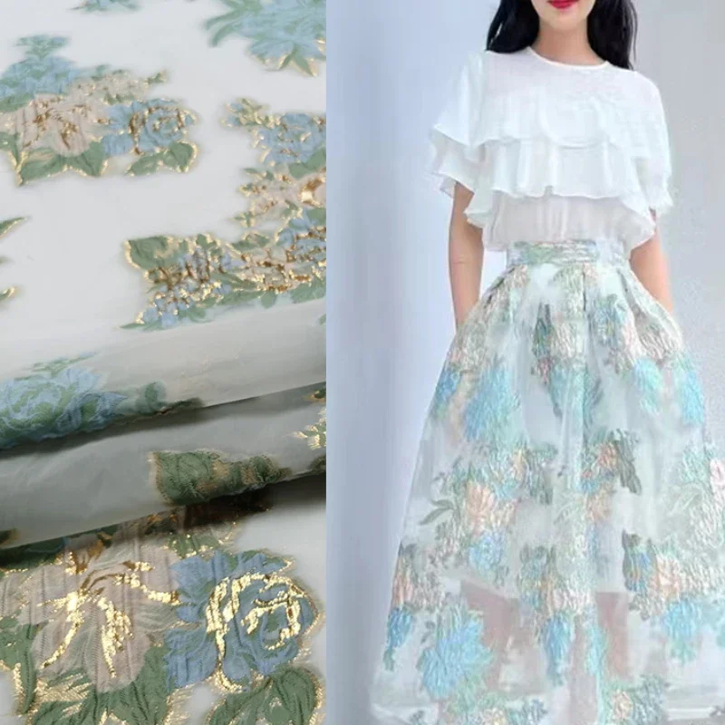Gold Silk Organza Jacquard Fabric Breathable Fresh Swing Skirt Wedding Dress Fashion Diy Sewing Design Wholesale Material Cloth