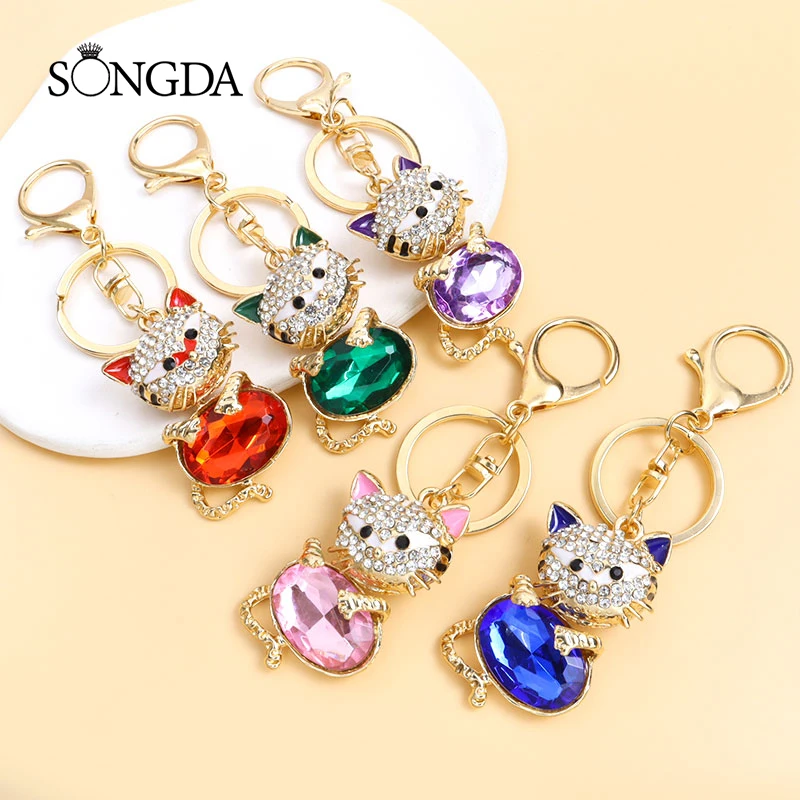 

Fashion Cat Kitten Crystal Rhinestone Keychains Colorful Cute Animal Drip Oil Enamel Key Rings for Women Girl Purse Jewelry Gift