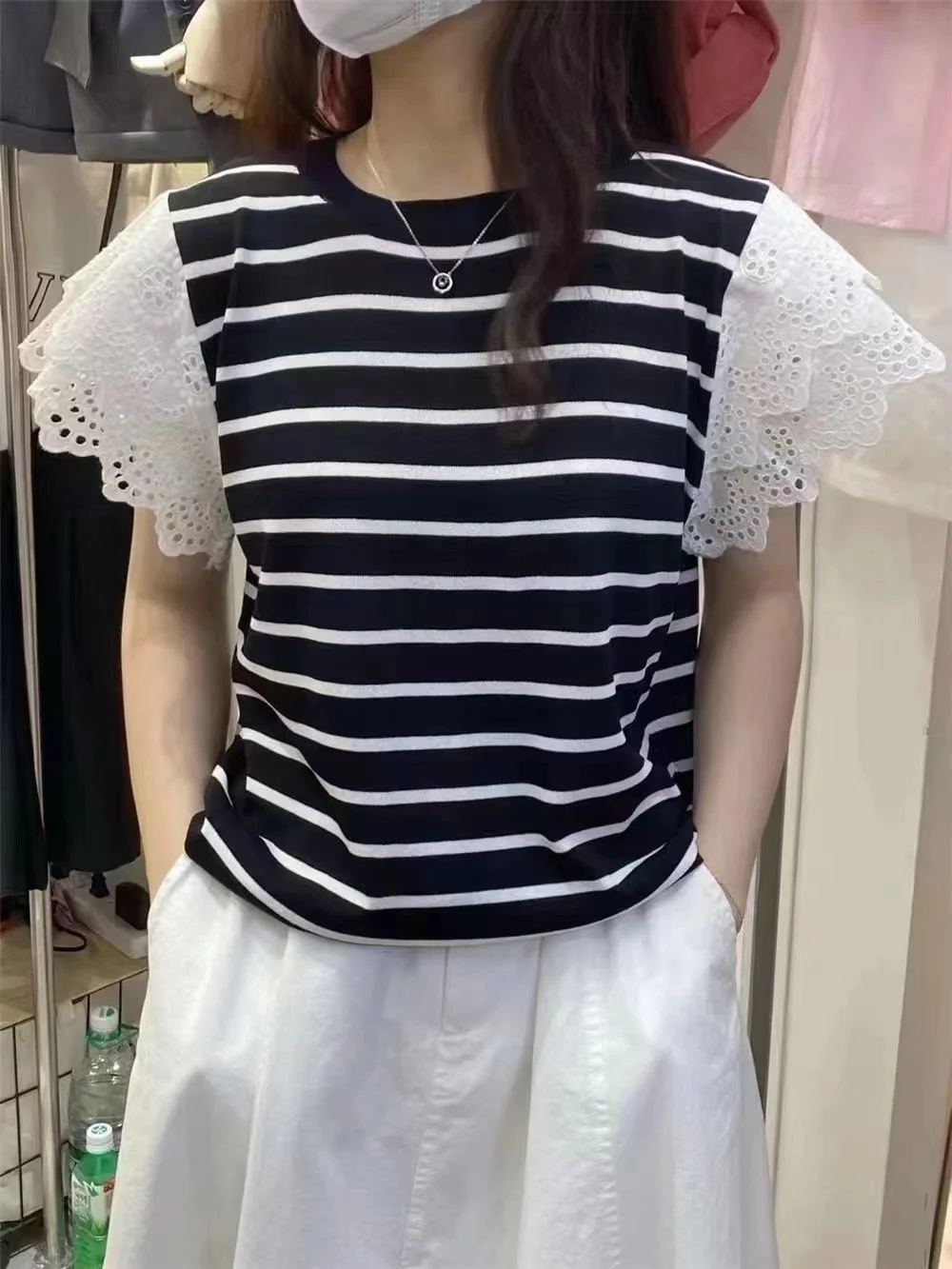 

Женская Кружевная футболка в полоску, свободный дизайнерский Шелковый свитер с коротким рукавом, в стиле пэчворк, лето 2022