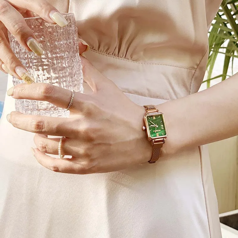 High Quality Fashionable And Versatile Green Bracelet, Alloy Mesh Strap, Korean Version Square Head Women's Watch