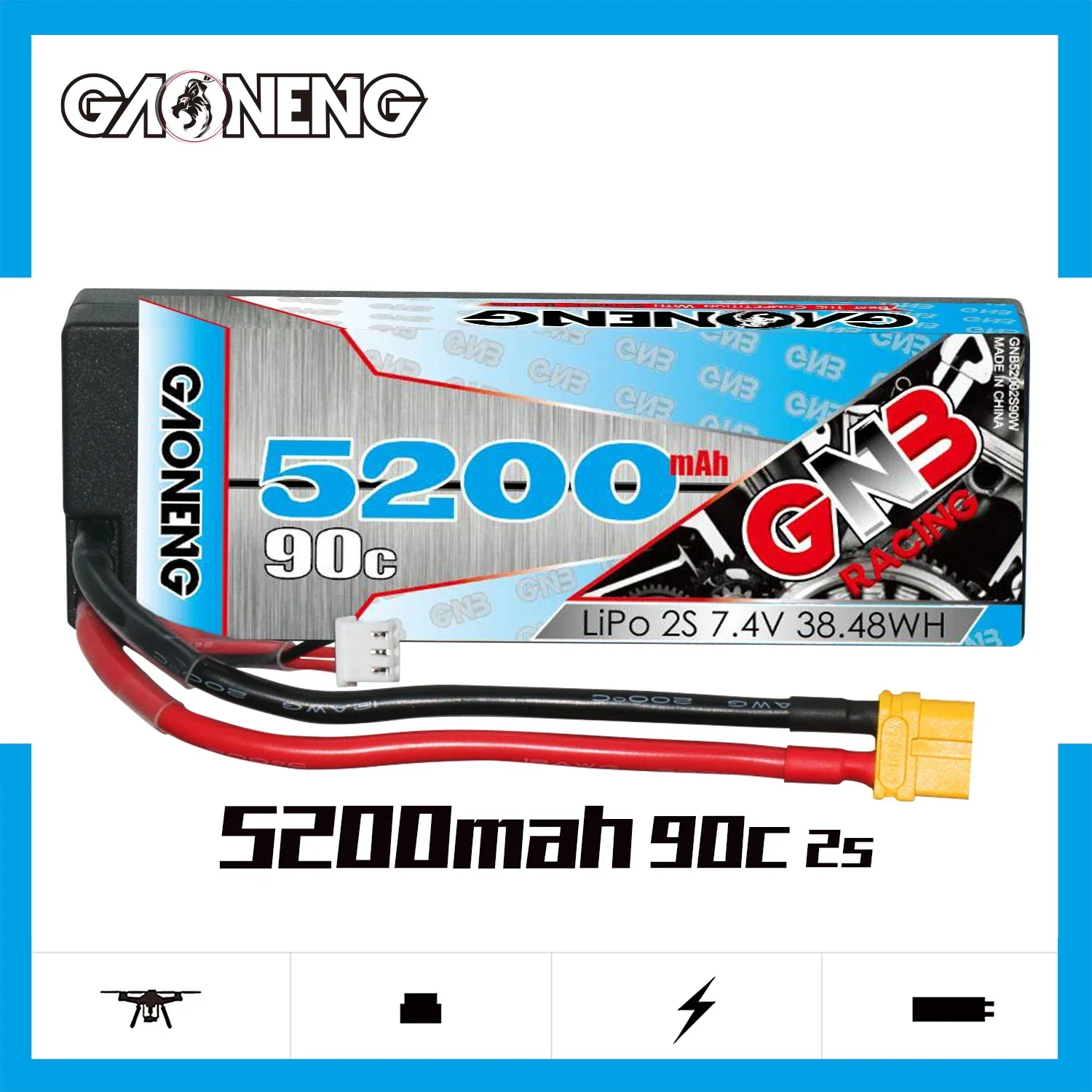 

New Gaoneng GNB 5200mAh 2S1P 7.4V 100C/200C Hardcase LiPo Battery Pack With Dean T Plug Or XT60 For 1:10 1/10 RC Car RC Boat