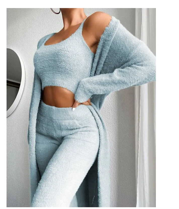

Sexy Off Shoulder Crop Soft Fluffy Three Piece Sets Women Winter Tops And Long Pants Homesuit Casual Ladies 3 Piece Autumn 2022