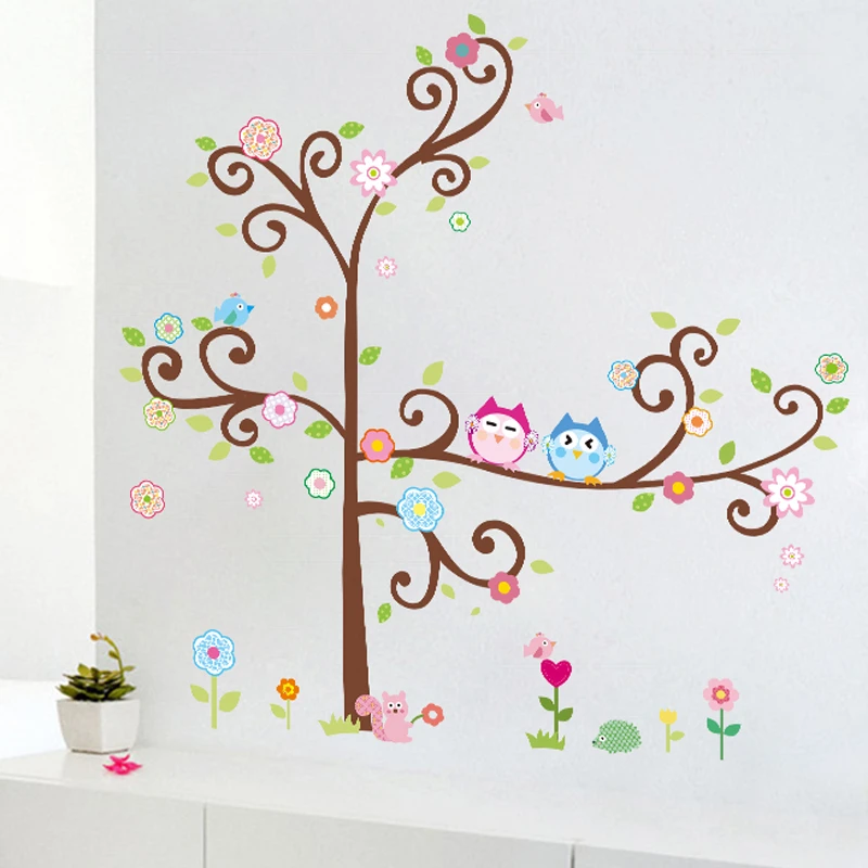 

Cute Owlet Bird On Scroll Floral Tree Wall Stickers For Kindergarten Kids Room Home Decorations Cartoon Animal Mural Art Decal