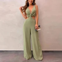 cfjs 016 2022y new arrival sexy deep v neck sleeveless women jump suit light green wide leg pants solid color casual office wear
