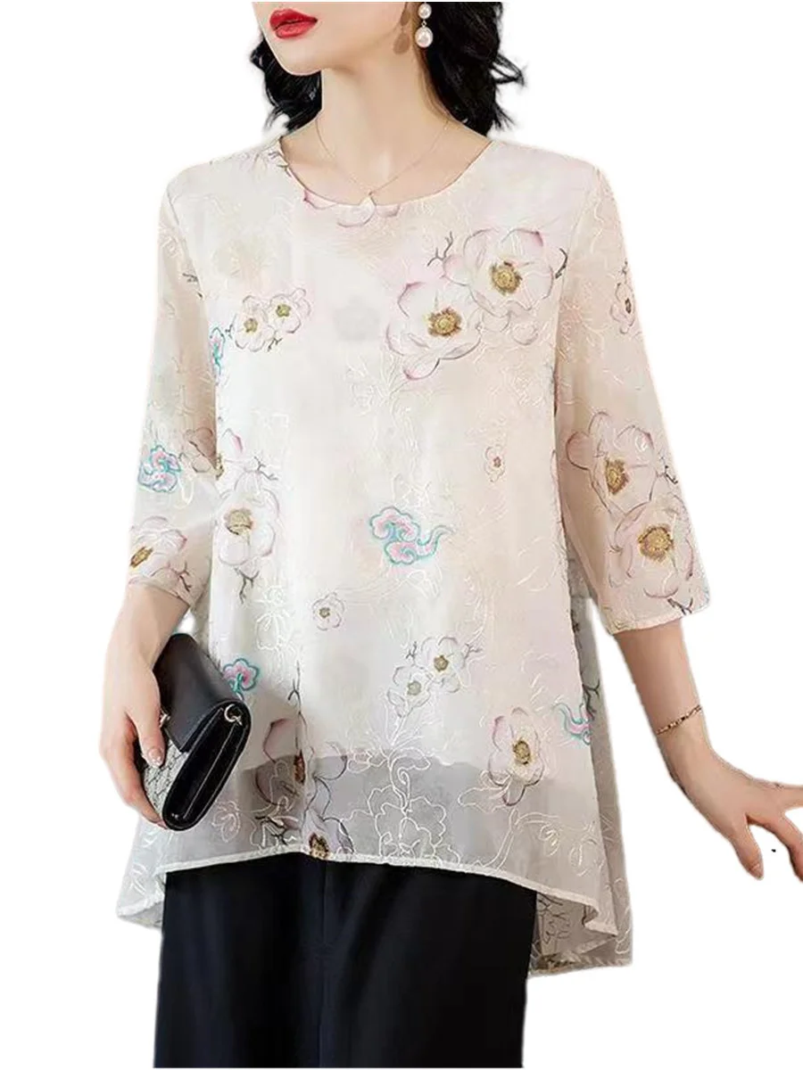 

4XL Women Summer Spring Shirts Lady Fashion Casual Short Sleeve O-Neck Collar Flower Printing Blusas Tops G2410